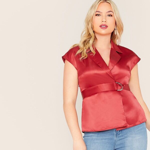 

Plus Notch Collar D-ring Belted Satin Blouse, Red bright