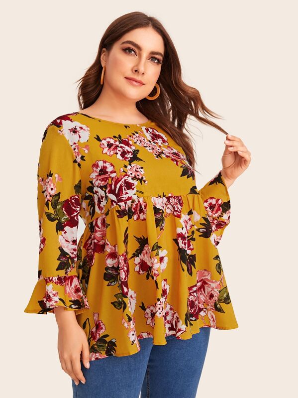 

Plus Flounce Sleeve Floral Print Smock Dress, Yellow, Franziska
