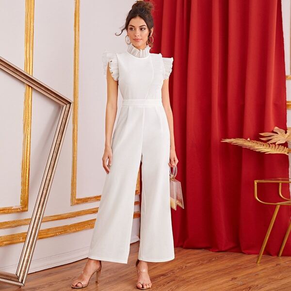 

Mock-Neck Pleated Ruffle Trim Wide Leg Jumpsuit, White