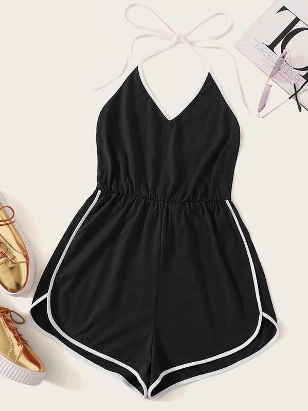 

Dolphin Hem Halter Romper, Black