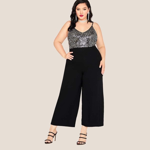 

Plus Sequin Bodice Wide Leg Jumpsuit, Black
