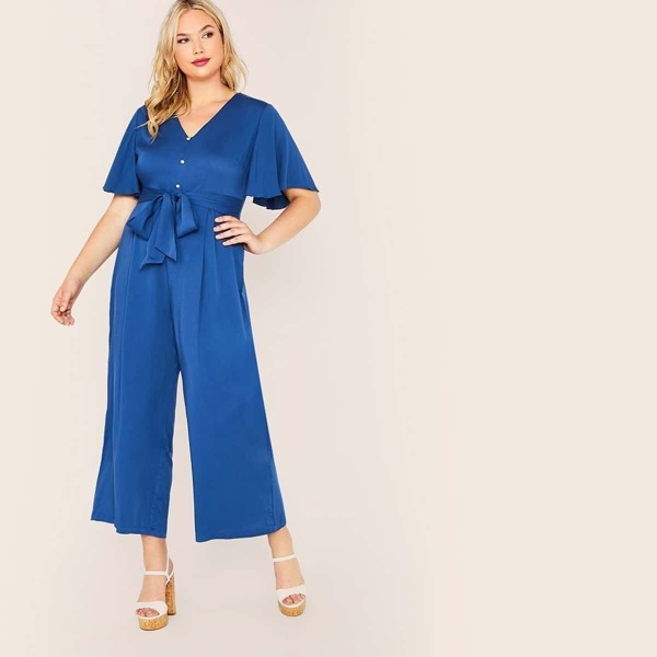 

Plus V-neck Flutter Sleeve Belted Palazzo Jumpsuit, Blue bright
