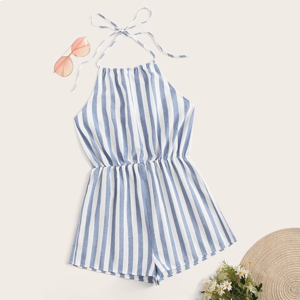 Plus Blouson Waist Striped Knot Halter Romper