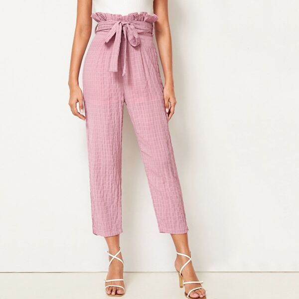 

Paperbag Waist Textured Pants, Pink