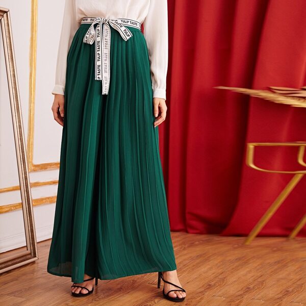 

Pleated Maxi Pants With Letter Tape belt, Green