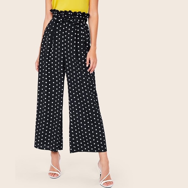 

Paperbag Waist Polka Dot Wide Leg Pants, Black and white