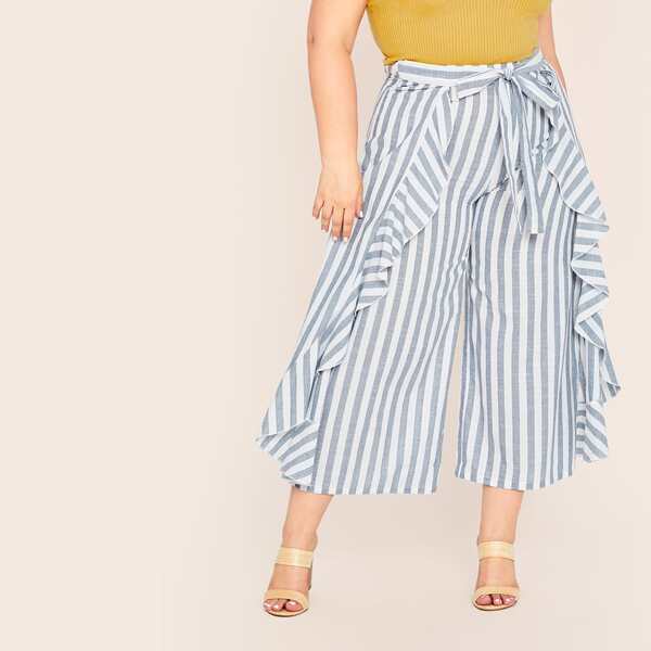 

Plus Striped Ruffle Trim Tie Front Pants, Grey