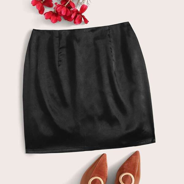 

Solid Zip Back Satin Skirt