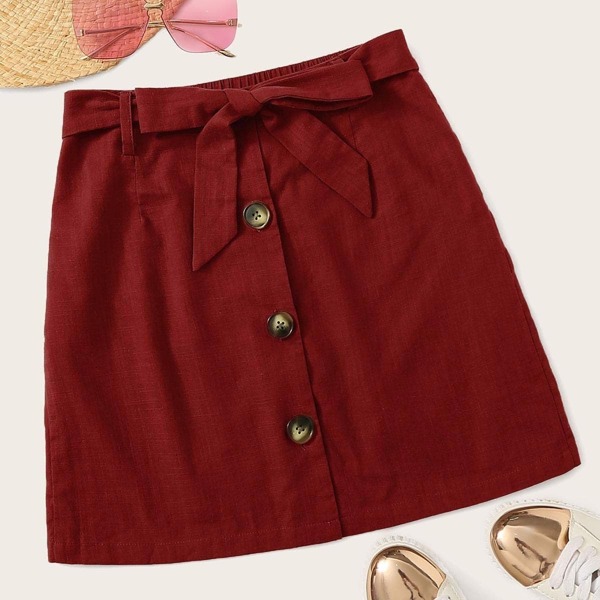 

Elastic Waist Button Front Belted Skirt
