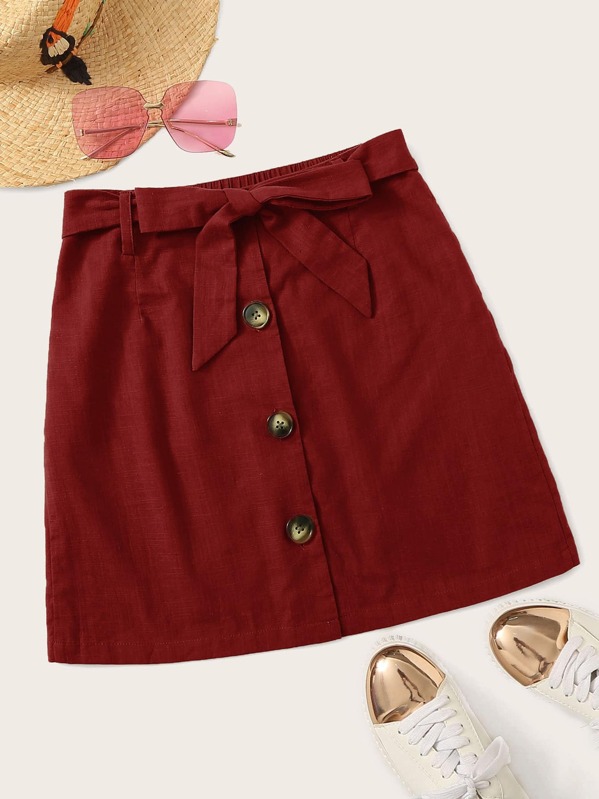 

Elastic Waist Button Front Belted Skirt, Red