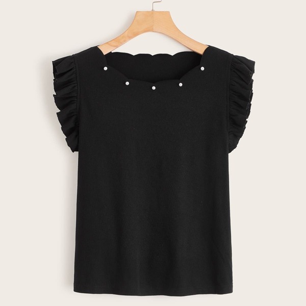 

Scallop Neck Pearls Detail Ruffle Armhole Top