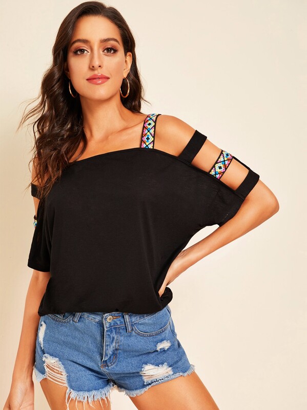 

Cold Shoulder Tape Detail Top, Black, Mary P.