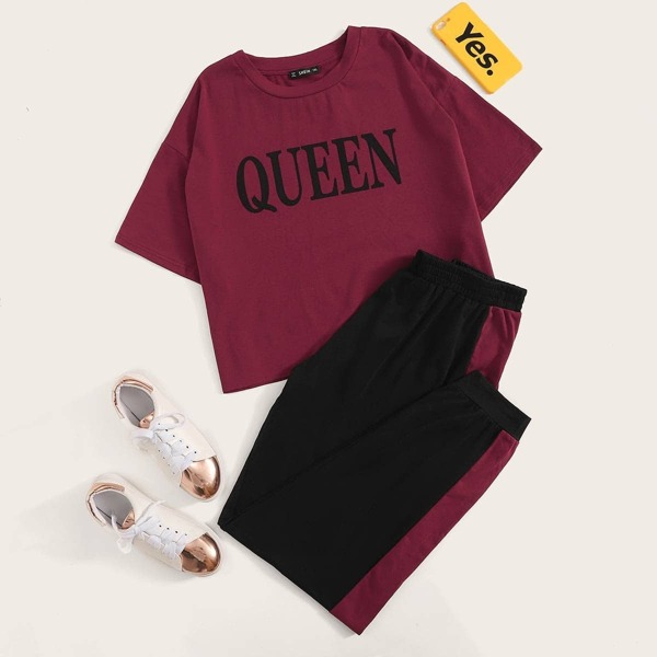

Plus Letter Print Top & Two Tone Pants Set, Burgundy