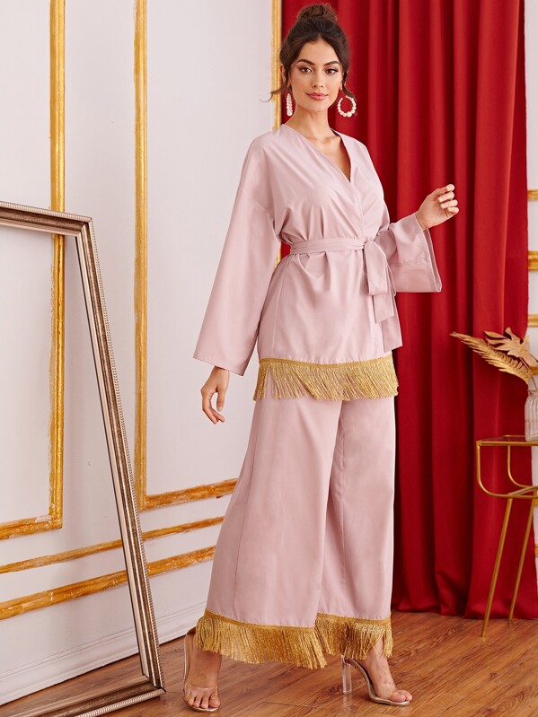 

Fringe Hem Wrap Belted Top & Wide Leg Pants Set, Pink, Carol A
