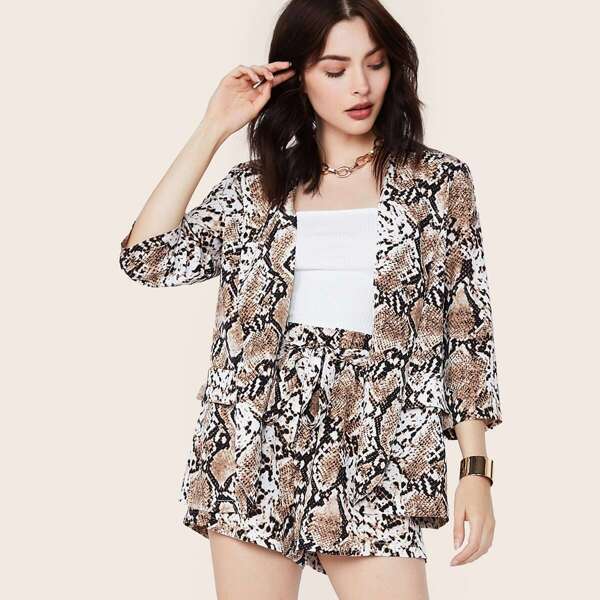 

Snakeskin Print Blazer & Belted Shorts Set, Multicolor