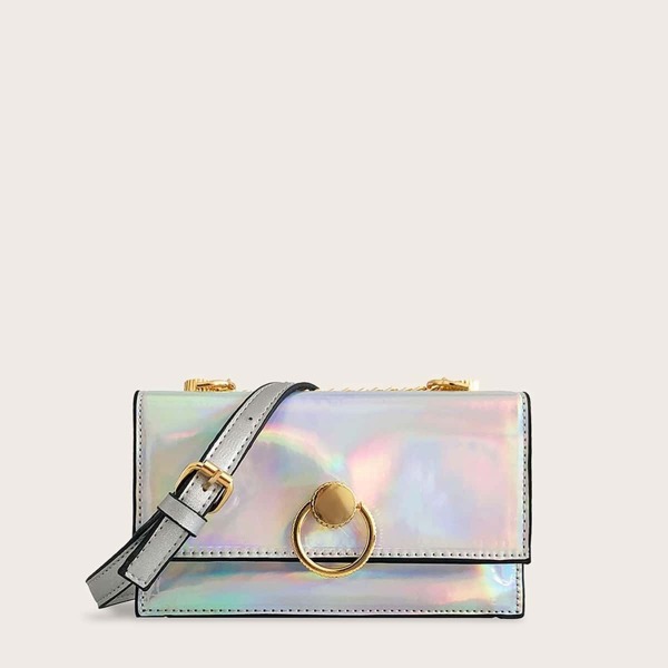 

Iridescent Metal Ring Decor Crossbody Bag