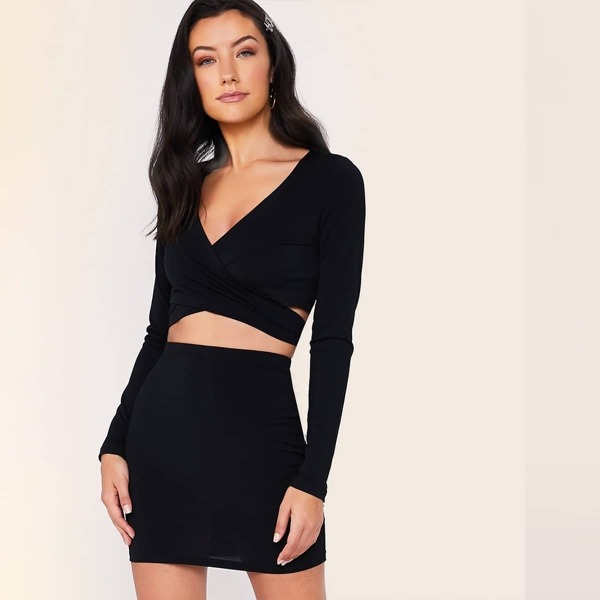 

Solid Tie Back Top & Skinny Skirts Set