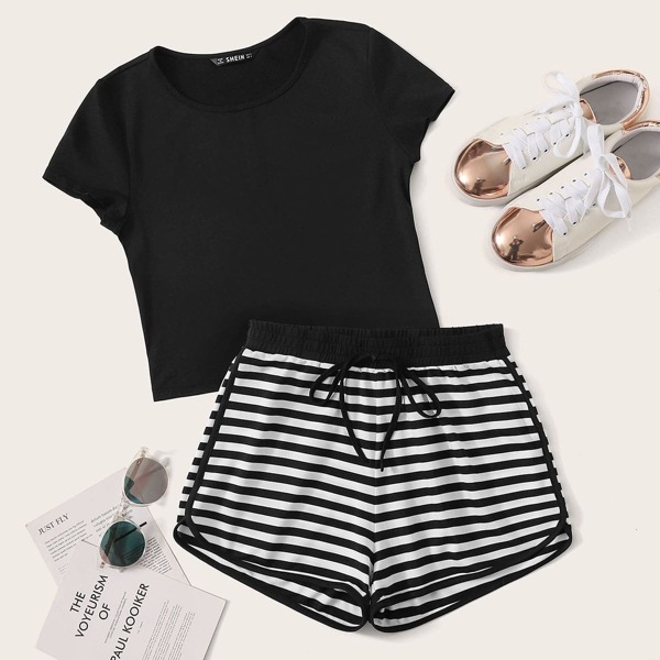 

Solid Top and Tie Waist Striped Dolphin Shorts Set
