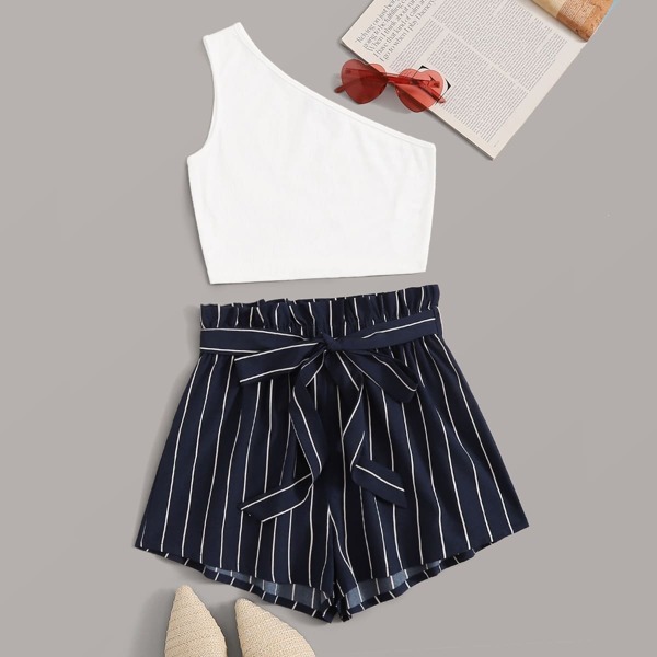 

One Shoulder Rib-knit Top & Paperbag Waist Striped Belted Shorts Set, Multicolor