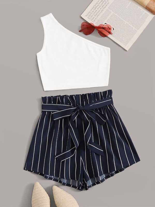 

One Shoulder Rib-knit Top & Paperbag Waist Striped Belted Shorts Set, Multicolor