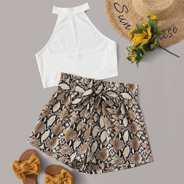 

Rib-knit Halter Top & Leopard Paperbag Waist Shorts Set, Multicolor
