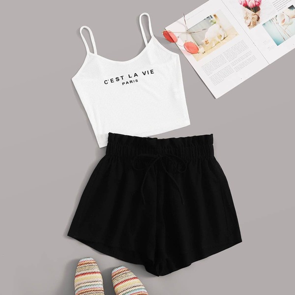 

Letter Cami Top & Paperbag Waist Shorts Set, Black and white