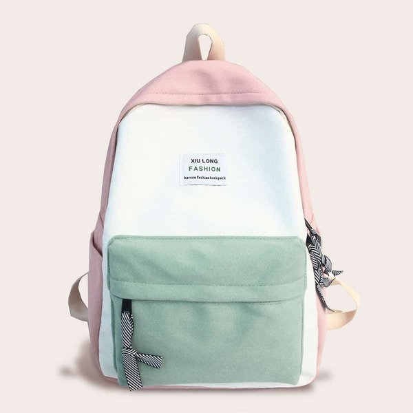 

Color Block Slogan Patch Decor Backpack, Multicolor