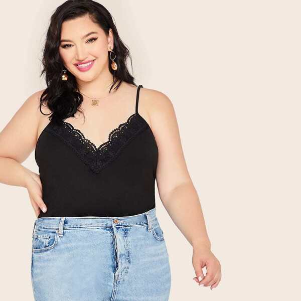 

Plus Guipure Lace Solid Cami Top, Black