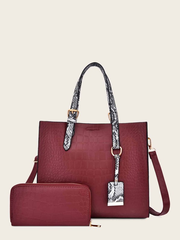 

Croc Embossed Tote Bag With Purse 2pcs, Red