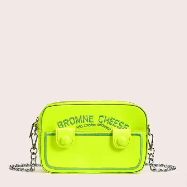 

Neon Lime Letter Embroidered Chain Bag