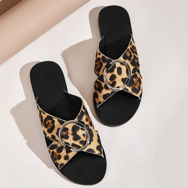

Leopard Cross Strap Flat Sliders