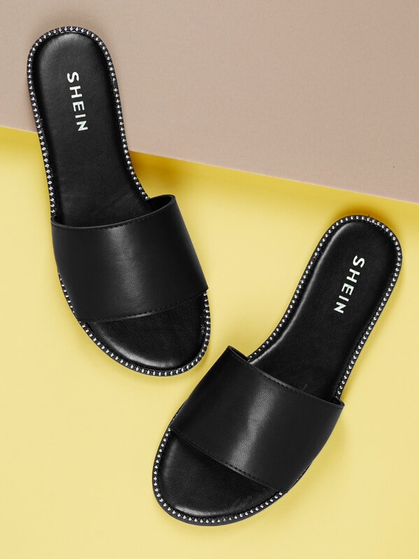 

Stud Accents Wide Band Slip On Mule Sandals, Black