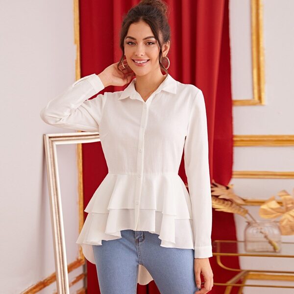 

Button Front Layered Peplum Blouse, White