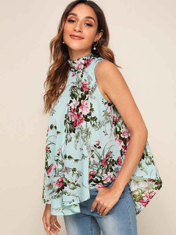 

Tie Neck Floral Print Asymmetrical Hem Top, Multicolor, Gabi B