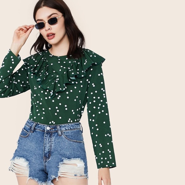 

Polka-dot Ruffle Trim Keyhole Back Top, Green