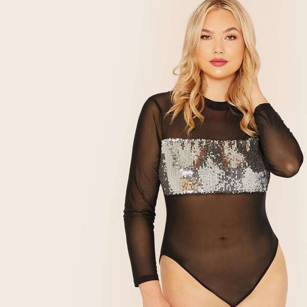 

Plus Mock-neck Sequin Panel Sheer Mesh Bodysuit, Black