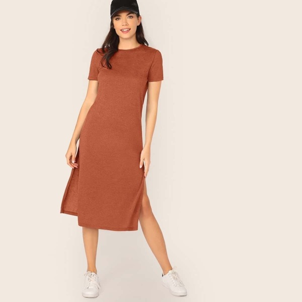 

Solid M-slit Hem T-shirt Dress, Burgundy