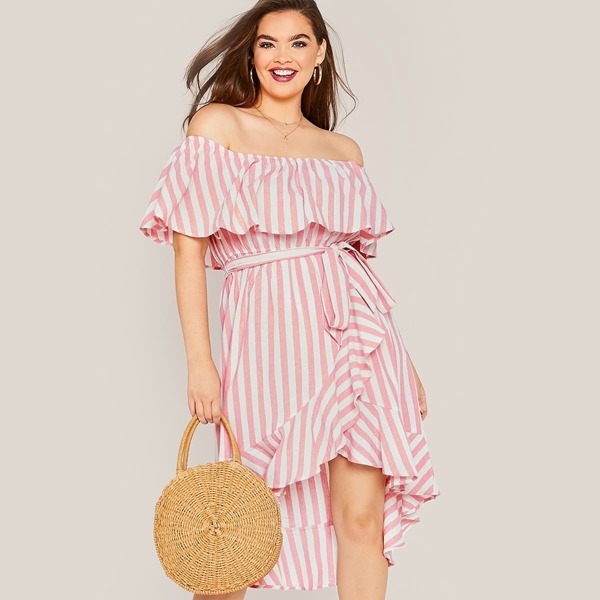

Plus Striped Ruffle Hem Bardot Wrap Belted Dress, Pink pastel