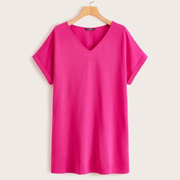 

Solid V-Neck Cuffed Dress, Pink bright
