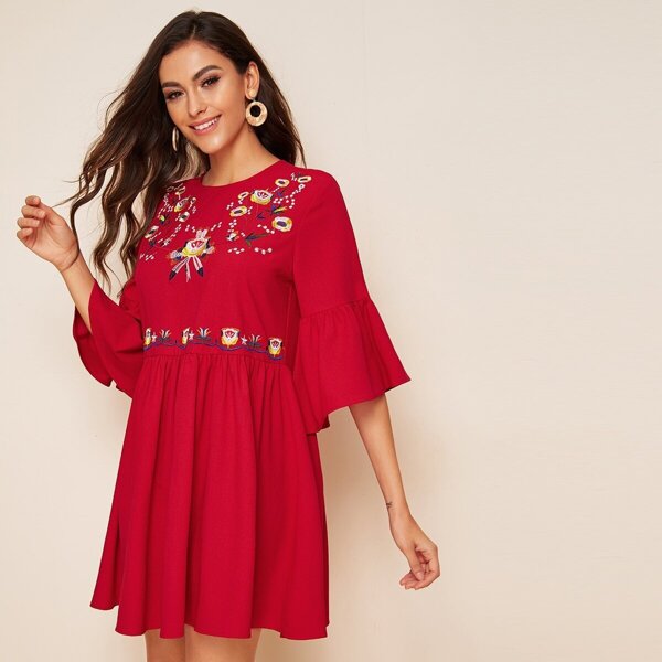 

Embroidery Detail Flounce Sleeve Flare Dress, Red bright