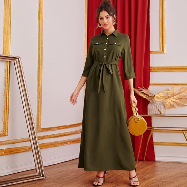 

Flap Pocket Front Self Belted Shirt Dress, Army green