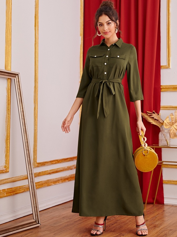 

Flap Pocket Front Self Belted Shirt Dress, Army green, Carol A