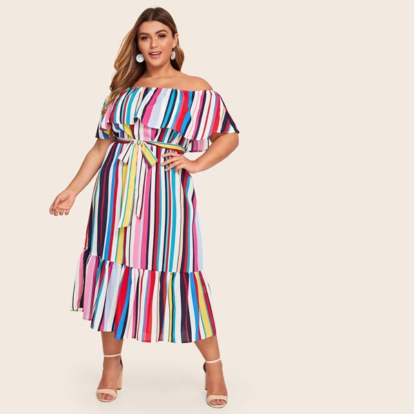 

Plus Off Shoulder Flounce Hem Striped Belted Dress, Multicolor