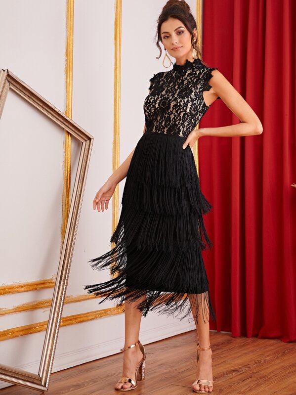 

Lace Bodice Layered Fringe Detail Split Pencil Dress, Black, Carol A