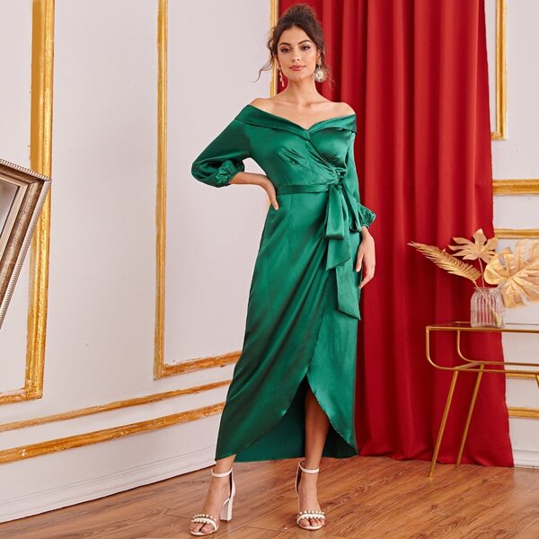 

Foldover Front Off Shoulder Self Belted Wrap Dress, Green