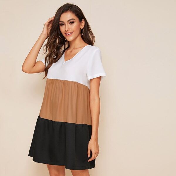 

V-neck Colorblock Smock Dress, Multicolor