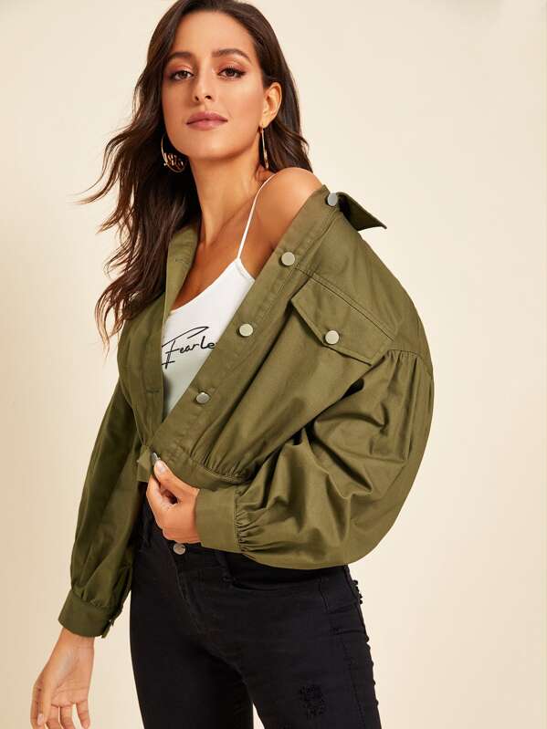 

Solid Button Front Pocket Patch Jacket, Army green, Mary P.