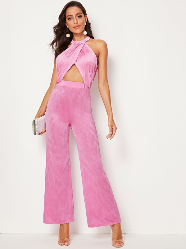 

Peekaboo Front Wide Leg Satin Halter Jumpsuit, Pink, Mary P.