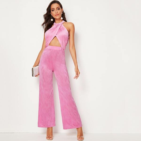 

Peekaboo Front Wide Leg Satin Halter Jumpsuit, Pink pastel