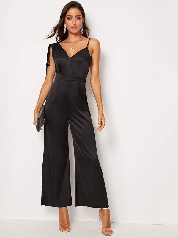 Asymmetrical Neck Backless Wide Leg Jumpsuit, Black, Mary P.